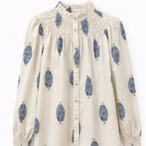 Camisa algodón estampado azul cuello fruncido